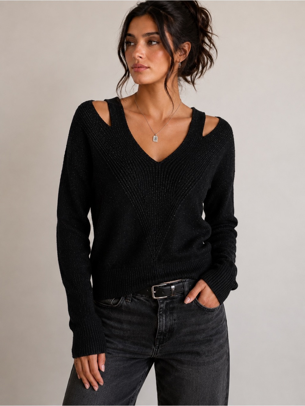 Diesel M-Vaiy Size L Black Wool Blend Open Shoulder Cutout Knit Sweater Womens